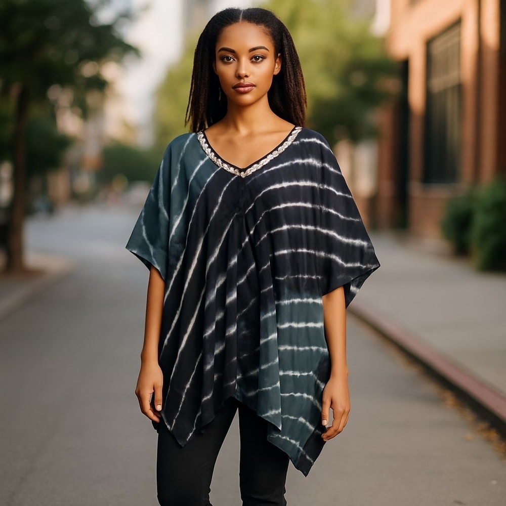 Lascanda Venus Ladies Kimono Style  Drawstring Top Size 0S Black Gray White